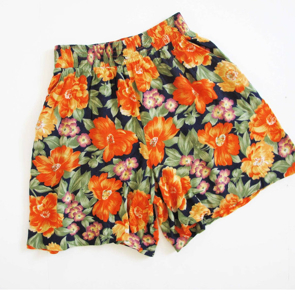Vintage 90s Orange Floral Elastic Waist Flowy Shorts S M - Picture 1 of 2